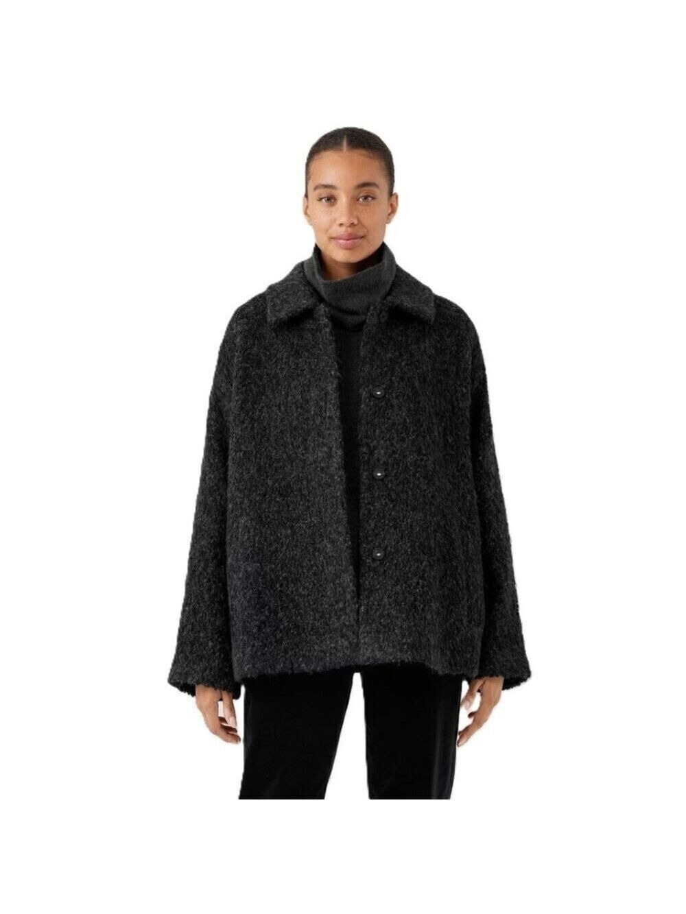 Eileen Fisher Alpaca Boucle Classic Collar Short Coat Charcoal Women's Size M